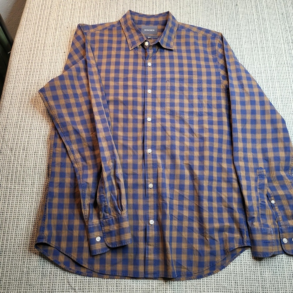 Bonobos Shirt Mens Large Blue Plaid Slim Fit Long Sleeve Button Front Casual